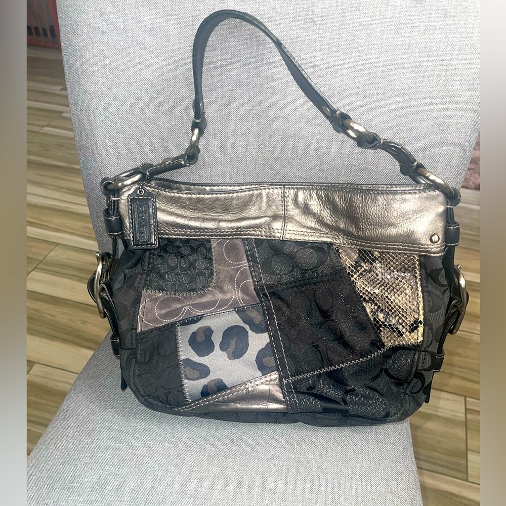 Coach Holiday Patchwork Silver/Black Shoulder Bag